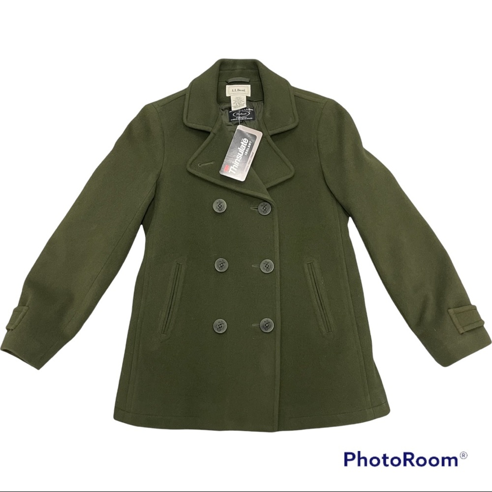 NWT L.L. Bean Army Green 100% Wool Thinsulate Pea Coat Size 4 Regular